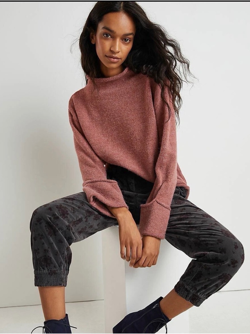 Anthropologie Basile Cropped Sweater Size XS Heathered Rose Pink Bell Sleeves